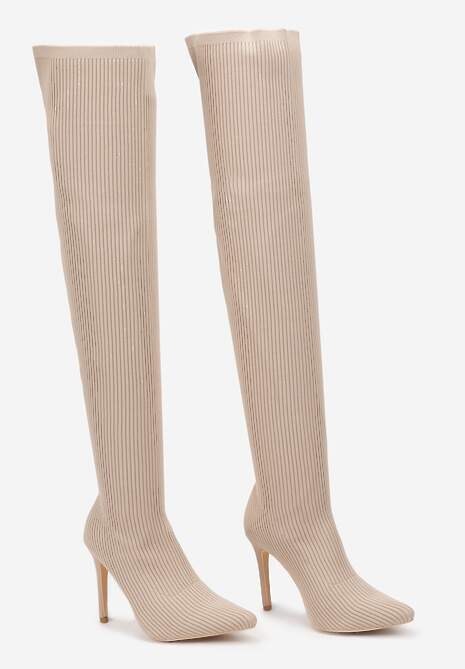 Beżowe Kozaki na Szpilce ze Skarpetową Cholewką Erilane