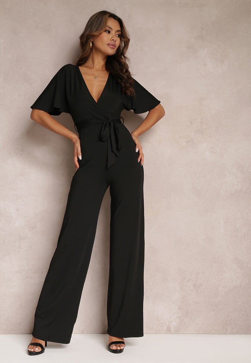 Czarny Długi Kombinezon z Wiązaniem i Głębokim Kopertowym Dekoltem Sumya