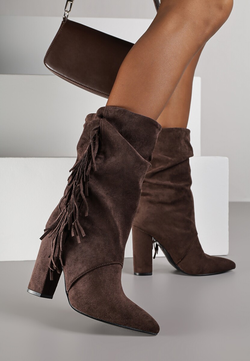 Brązowe Botki Kowbojki na Słupku z Frędzlami Reisetia