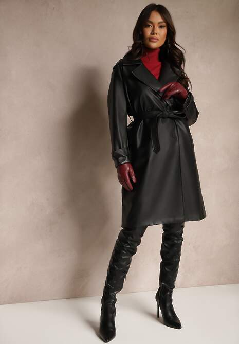 Czarny Dwurzędowy Płaszcz o Fasonie Trencza z Ekoskóry z Paskiem Musina