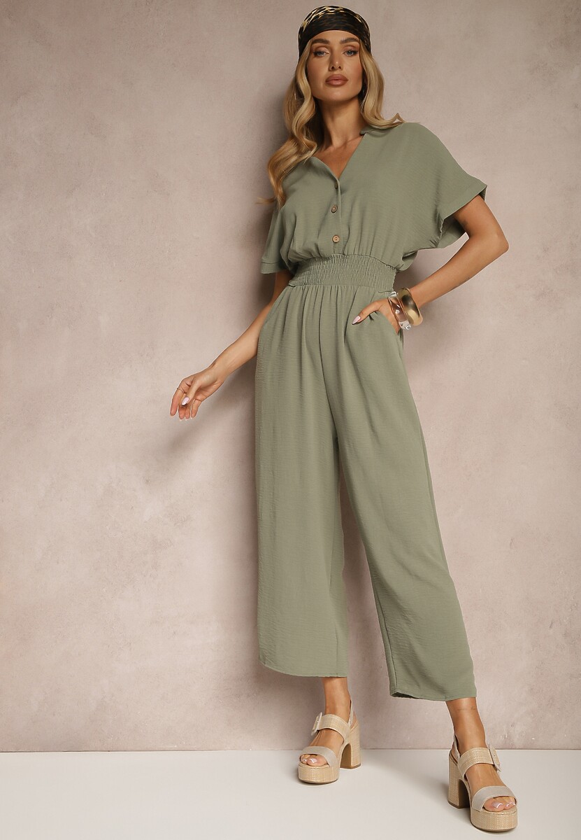 Zielony Wiskozowy Kombinezon z Dekoltem w Serek Zapinany na Guziki Anisora