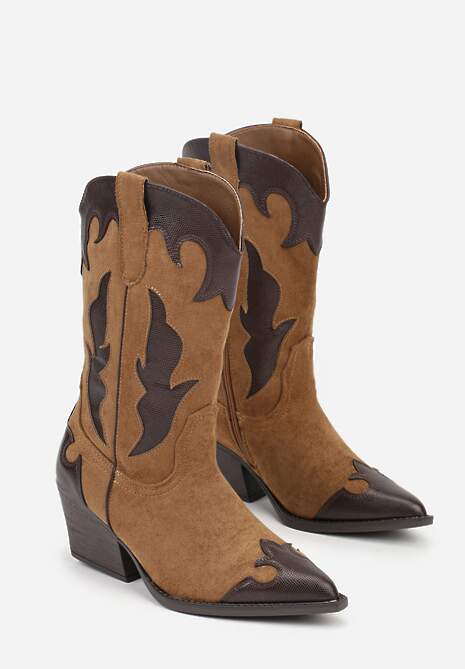 Brązowe Kozaki Kowbojki na Stożku z Tłoczoną Cholewką Avrenne