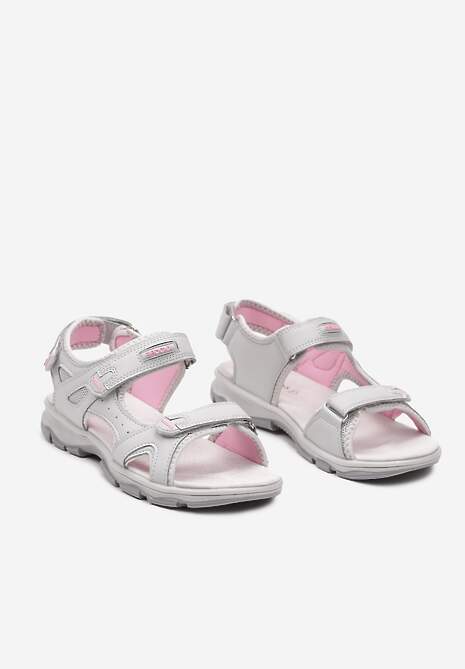 Szaro-Różowe Płaskie Sandały ze Skórzaną Wkładką i Zapięciami na Rzepy Tesama