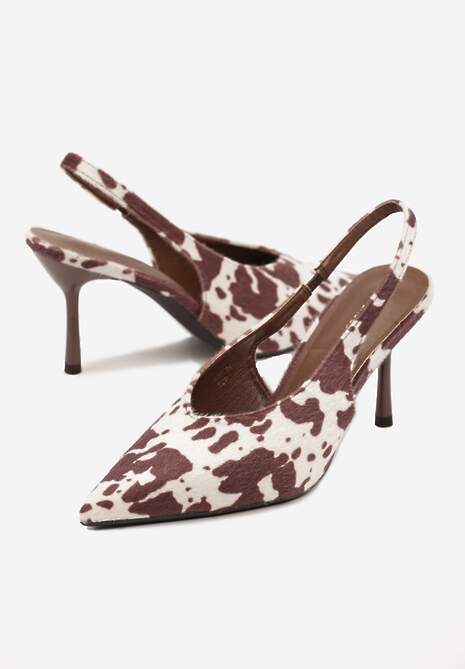 Brązowe Czółenka Sandały w Krowie Łaty na Szpilce Typu Slingback Addoxie