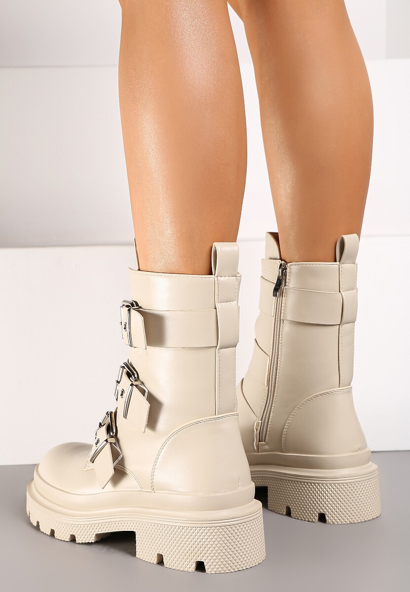 Beżowe Płaskie Botki w Stylu Biker z Paskami i Metalowymi Klamrami Valina