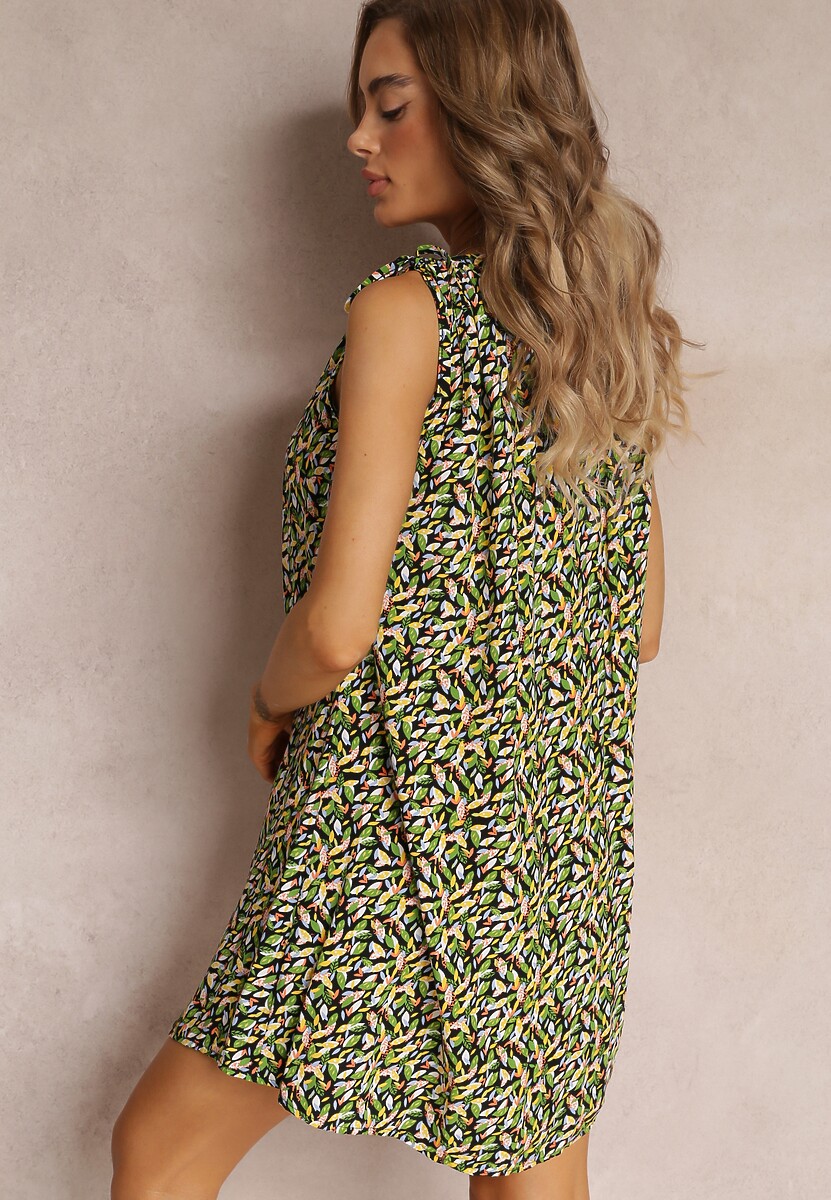 Zielono-Czarna Wiskozowa Sukienka Trapezowa z Troczkami na Ramionach Tiente