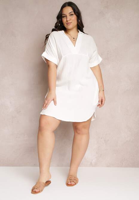 Biała Bawełniana Sukienka Mini o Pudełkowym Fasonie z Kołnierzykiem Elealla