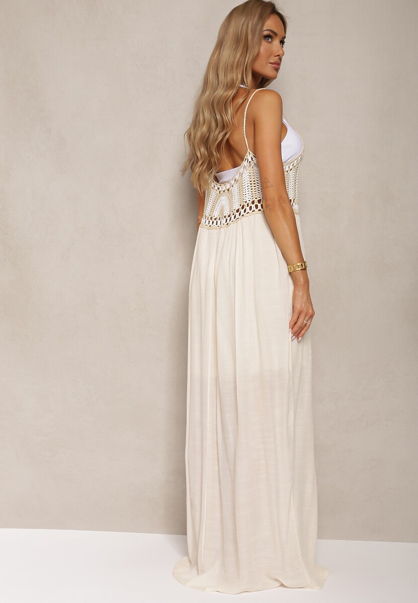 Jasnobeżowa Rozkloszowana Sukienka na Ramiączkach z Ozdobną Talią Xceviana