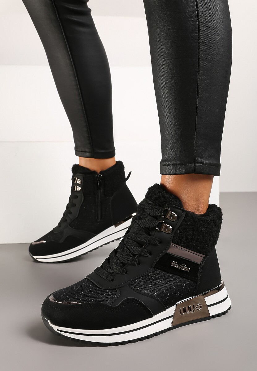 Czarne Sneakersy Zdobione Metaliczną Aplikacją Brokatem i Futrem Saliriel