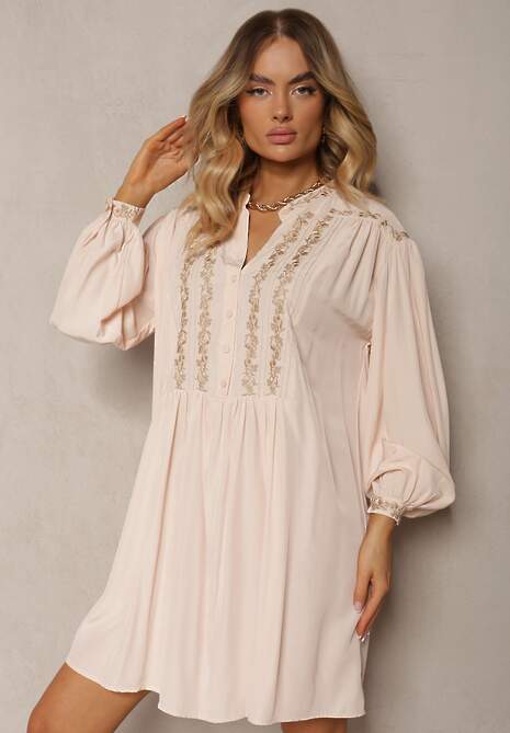 Beżowa Haftowana Sukienka Midi o Pudełkowym Fasonie z Długim Rękawem Rosen