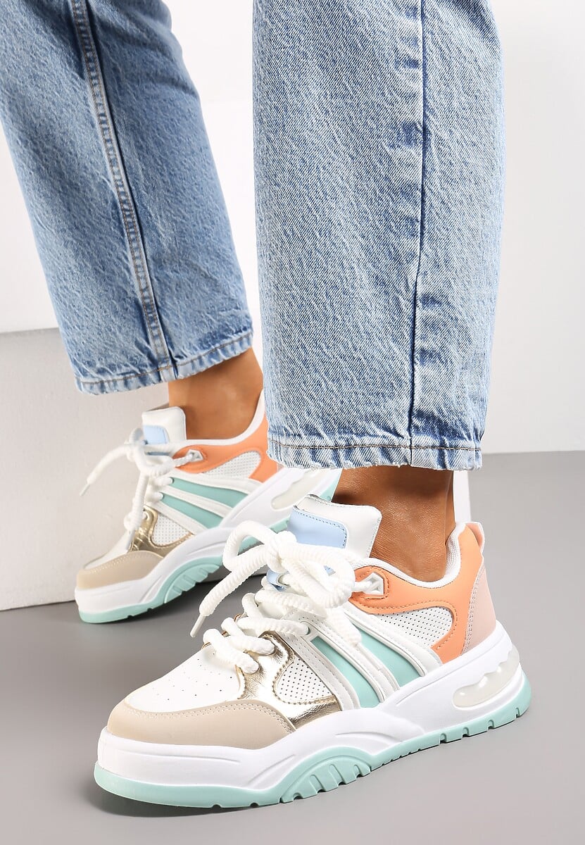 Biało-Pomarańczowe Sneakersy na Grubej Podeszwie z Brokatem Lenema