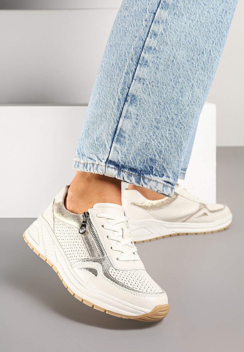 Beżowe Skórzane Sneakersy z Ozdobną Perforacją i Suwakiem Amiriella