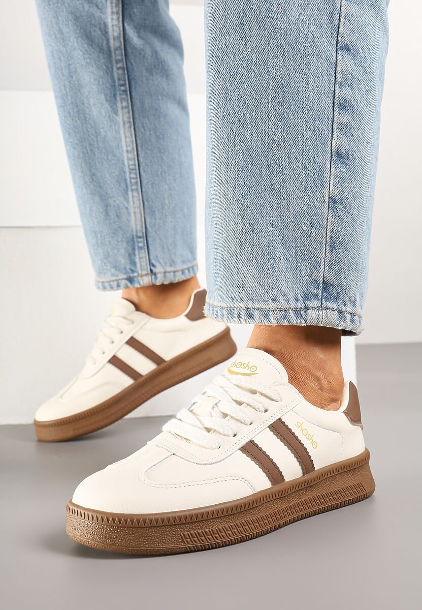 Beżowo-Brązowe Sneakersy Sportowe z Ozdobnymi Paskami i Przeszyciami Wenilan