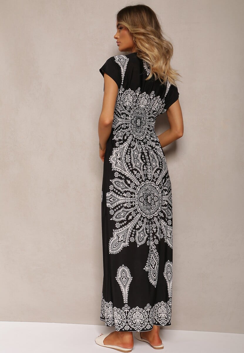 Czarna Letnia Sukienka z Gumką w Pasie Kopertową Górą i Ornamentalnym Printem Avilepea