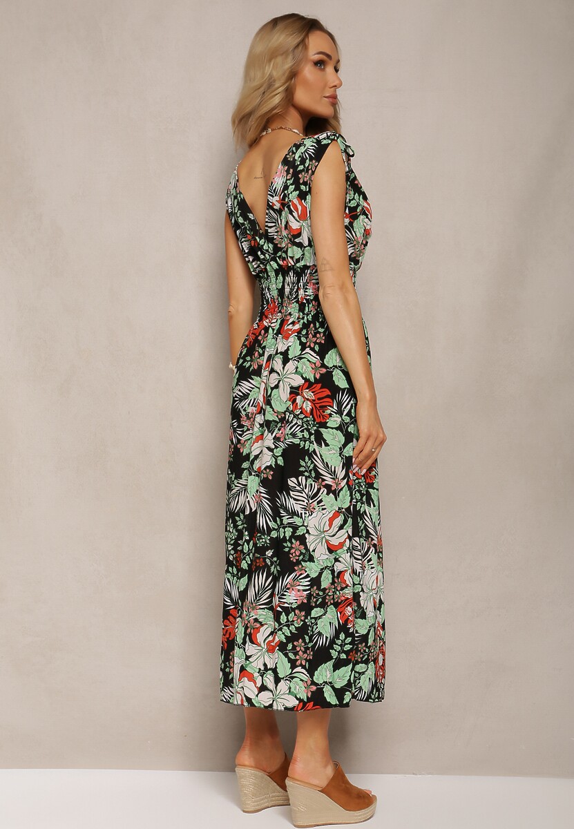 Czarno-Zielona Kwiecista Sukienka z Gumką w Talii i Trójkątnym Dekoltem Vialessia