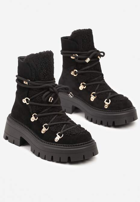 Czarne Sznurowane Śniegowce na Platformie z Ociepleniem Innathiel