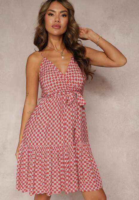 Różowa Wiskozowa Sukienka z Falbankami i Gumką w Pasie z Materiałowym Paskiem Erafina