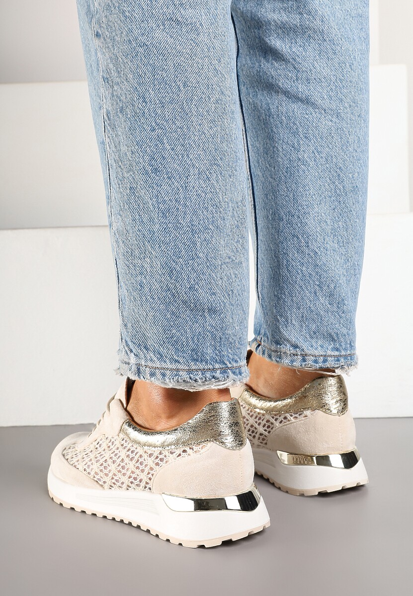 Beżowe Ażurowe Sneakersy na Podeszwie z Metaliczną Wstawką Neomira