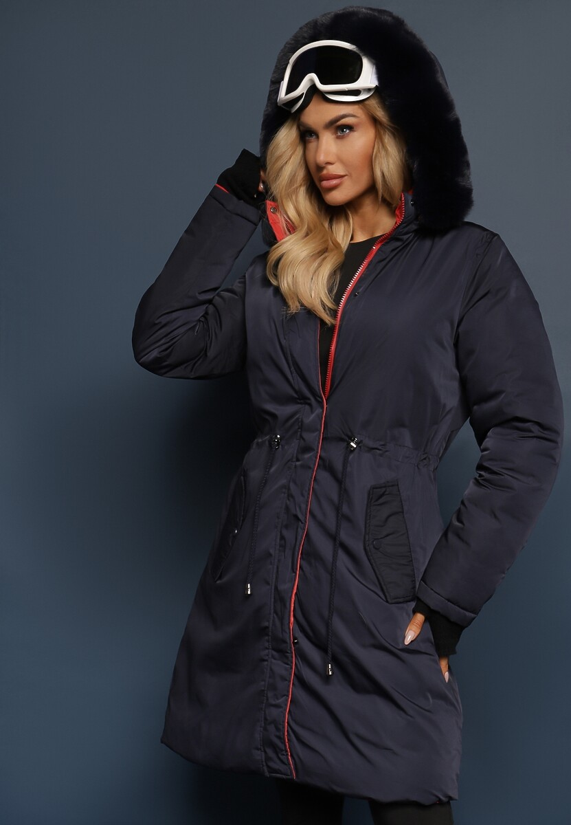 Granatowa Długa Kurtka Płaszcz o Dwustronnym Fasonie z Kapturem Astrae