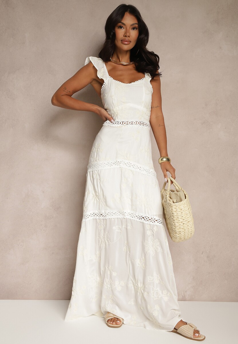 Biała Rozkloszowana Sukienka z Wiskozy z Haftami Lumirieve