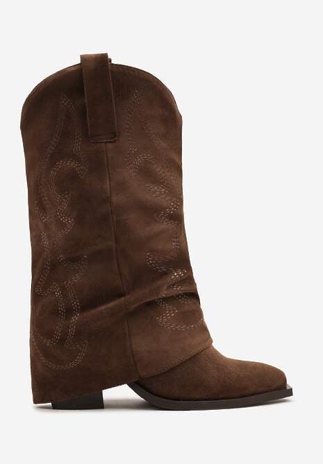 Brązowe Botki Kowbojki z Cholewką Imitującą Nogawkę Zellaxie