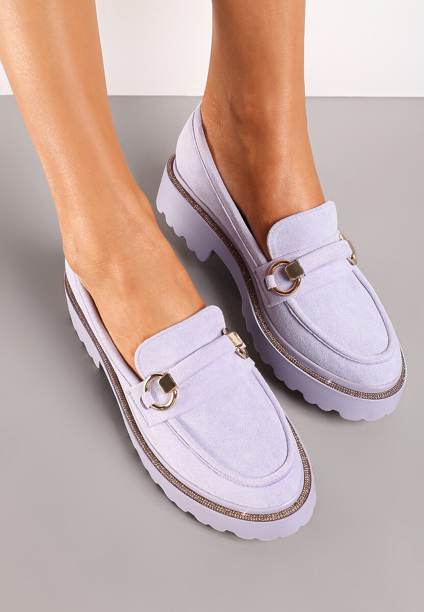 Fioletowe Mokasyny z Imitacji Zamszu z Cyrkoniami Przy Podeszwie Imule