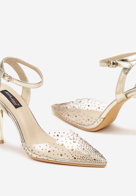 Złote Metaliczne Szpilki z Transparentną Cholewką i Cyrkoniami Mitanea