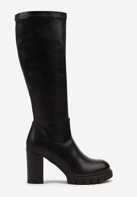 Czarne Kozaki na Słupku i Platformie z Dopasowaną Cholewką Latallea