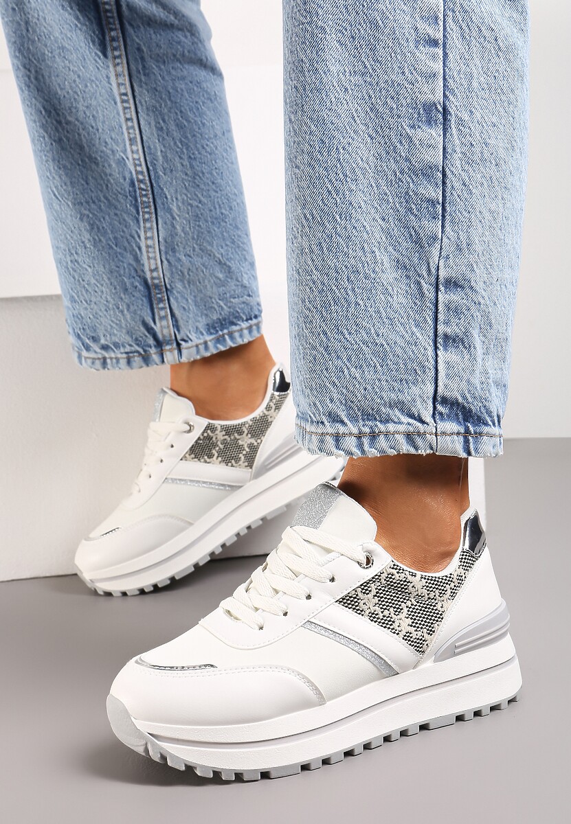Białe Sneakersy z Materiałowymi Wstawkami na Grubej Podeszwie Ozdobione Brokatem Zirnna