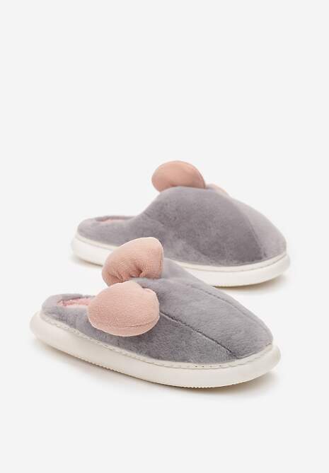 Szare Futerkowe Kapcie z Pluszową Kokardką Vlemona