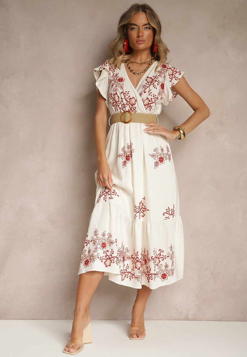 Biało-Czerwona Kopertowa Sukienka z Wiskozy Ozdobiona Haftem i Paskiem Nilatea