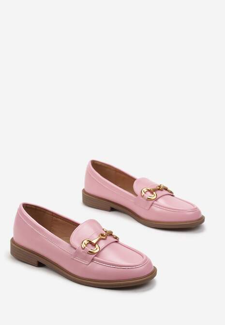 Różowe Mokasyny z Ekoskóry na Płaskiej Podeszwie Ozdobione Klamrą i Przeszyciami Fiviaha