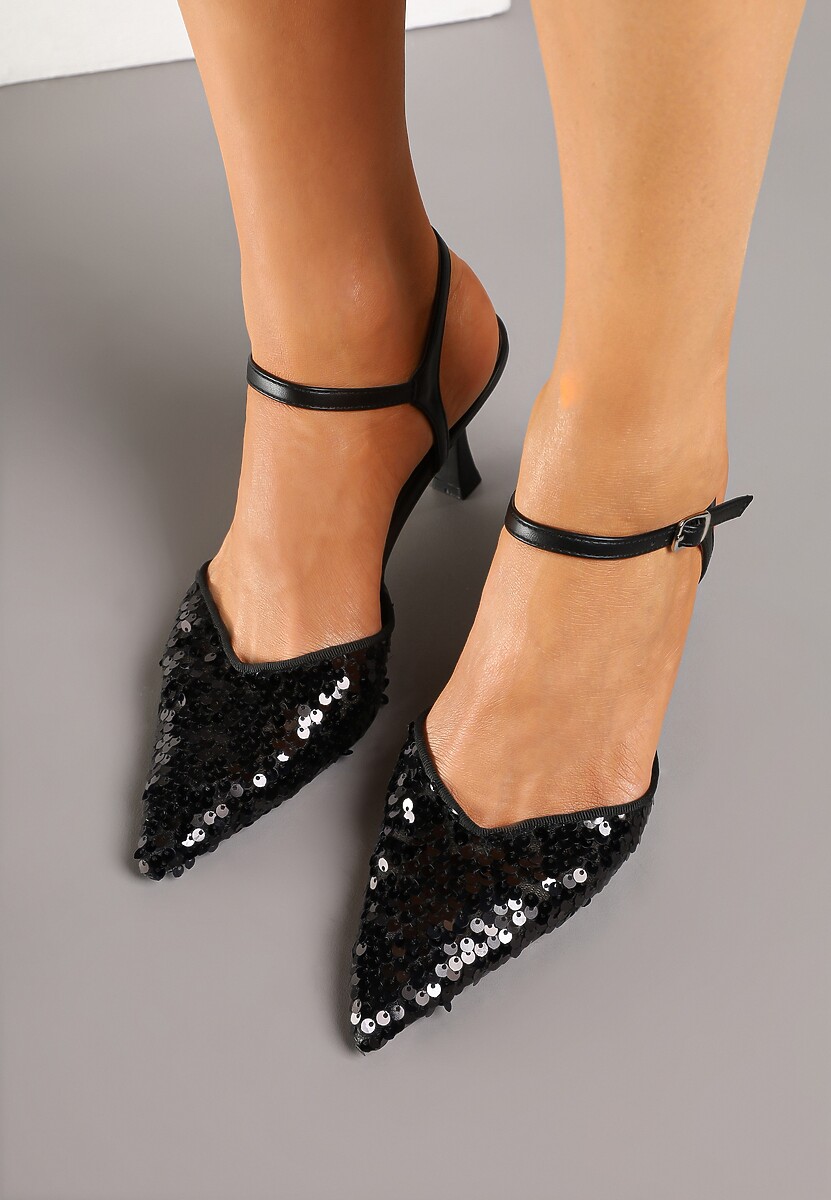 Czarne Sandały na Szpilce z Cekinową Cholewką Ulariona
