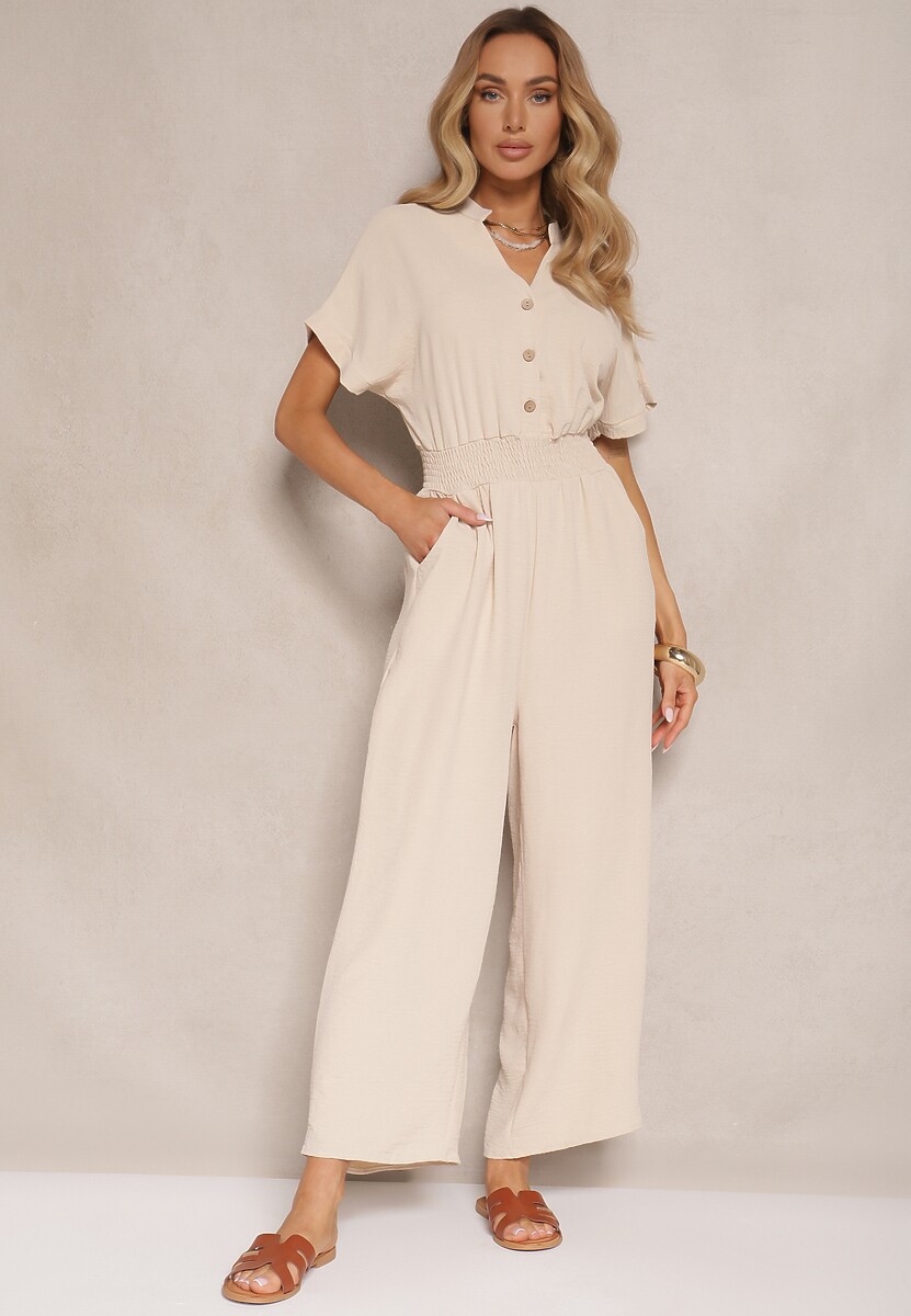 Beżowy Wiskozowy Kombinezon z Dekoltem w Serek Zapinany na Guziki Anisora