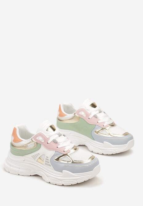 Biało-Niebieskie Sneakersy na Tłoczonej Podeszwie z Ozdobnymi Wstawkami Lanevi