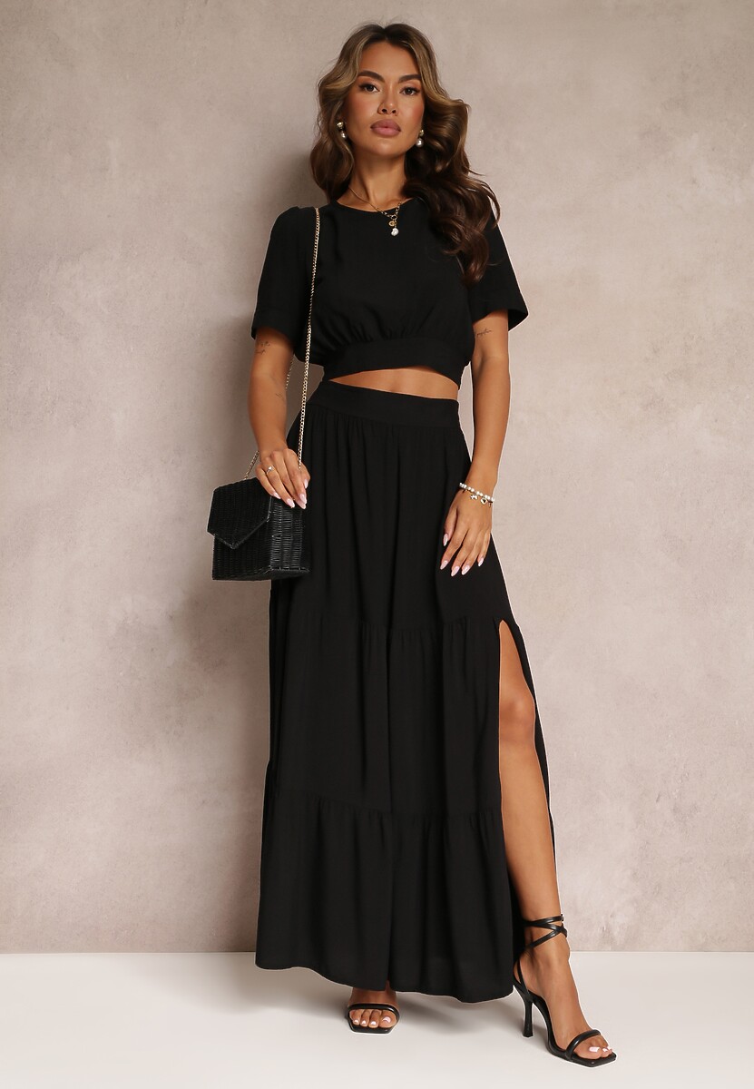 Fuksjowy Komplet z Wiskozy 2-Częściowy Top i Spódnica z Falbankami Jakki