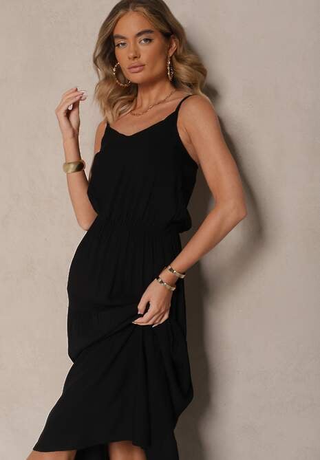 Czarna Rozkloszowana Sukienka z Wiskozy na Ramiączkach Flesira