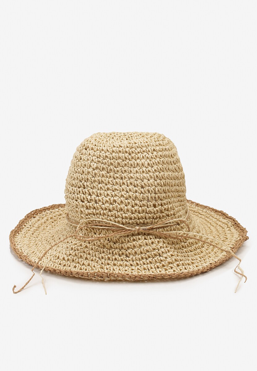 Ciemnobeżowy Pleciony Kapelusz Plażowy Ozdobiony Rzemykiem Wilhelnella