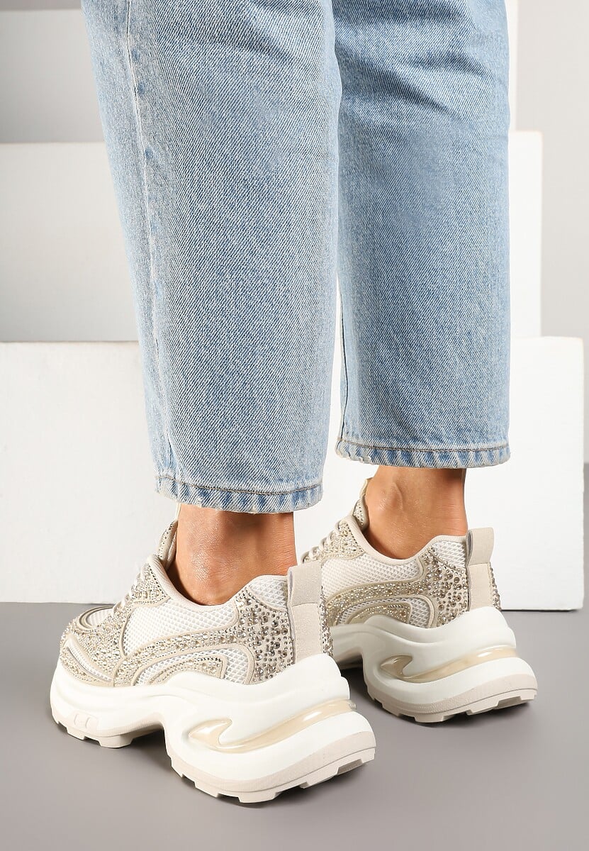 Beżowe Sneakersy na Platformie Ozdobione Cyrkoniami Kornelai