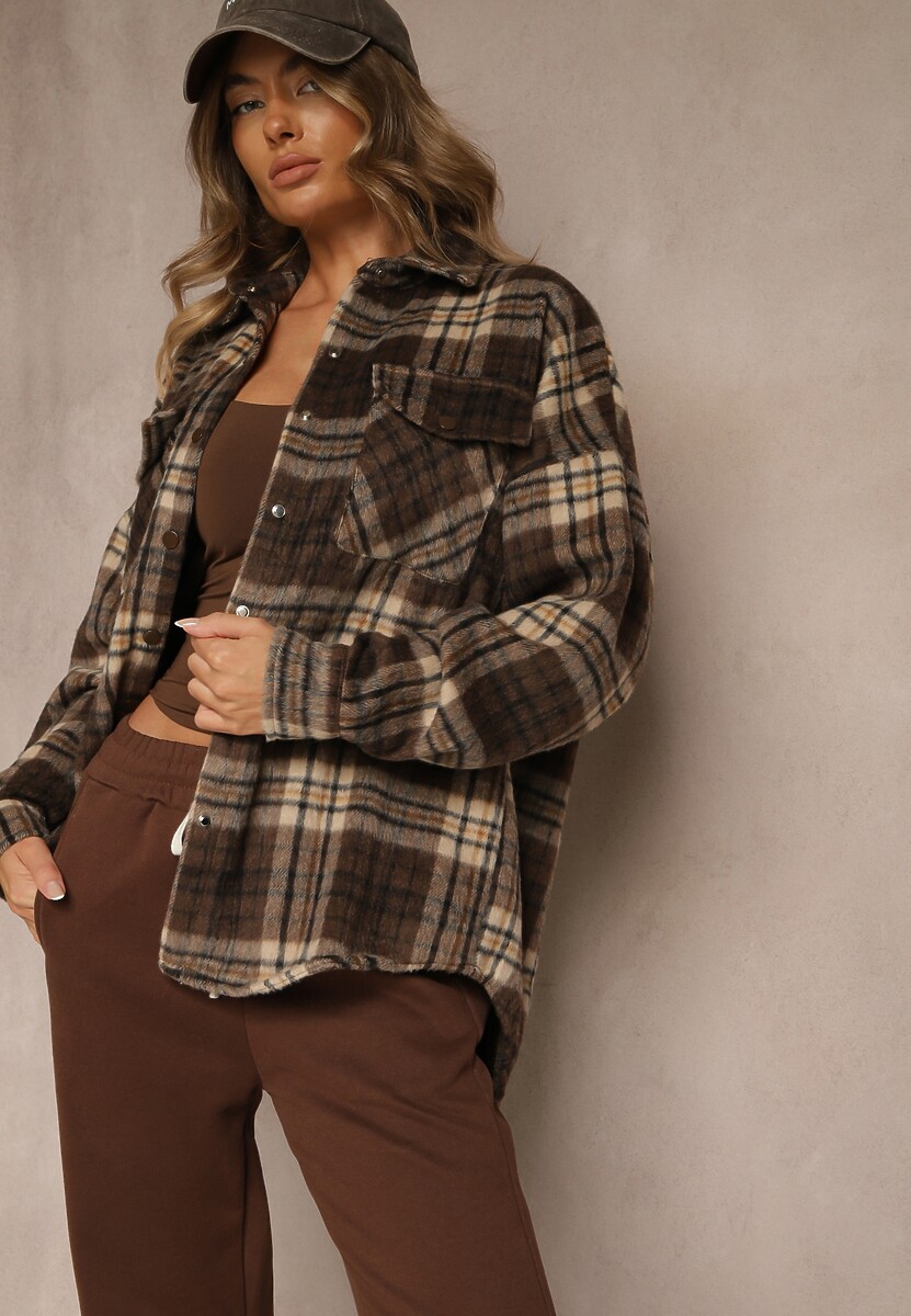 Brązowa Koszulowa Kurtka w Kratę Emitila