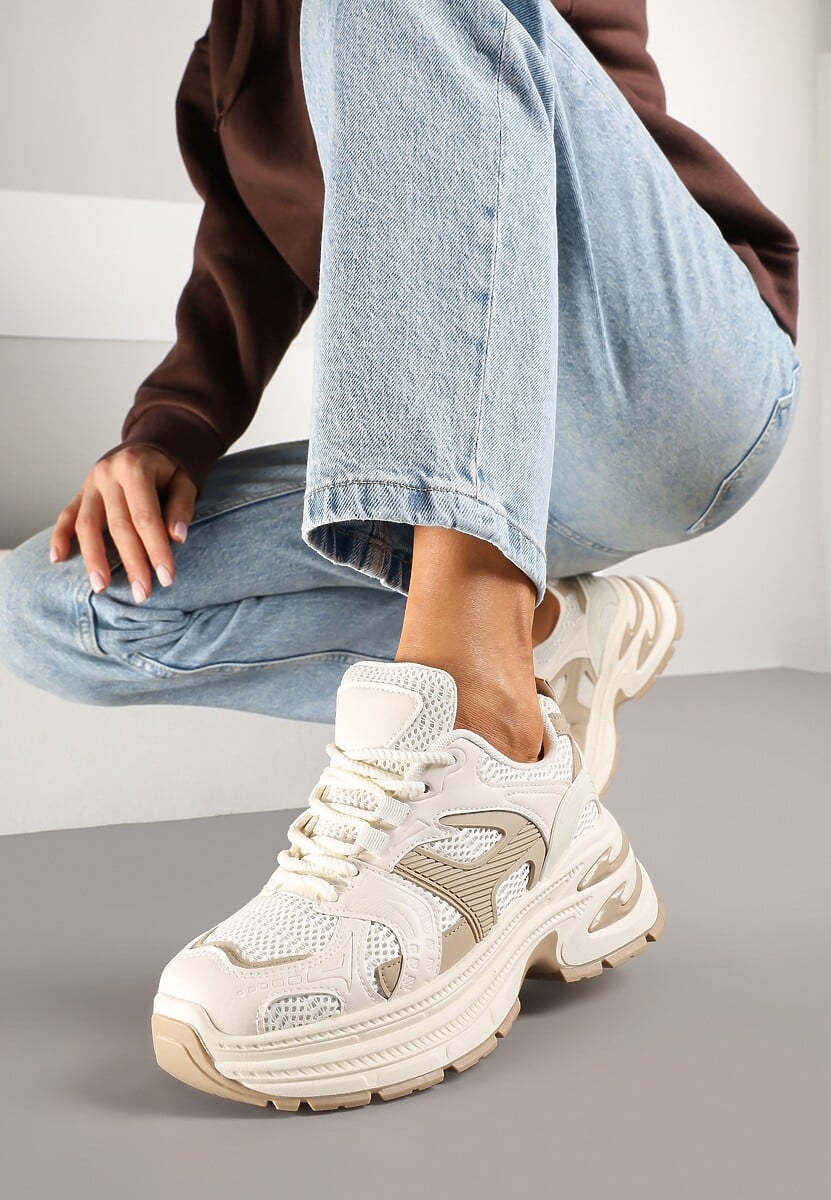 Białe Sneakersy na Platformie z Tłoczeniem i Geometrycznym Wzorem Melvila