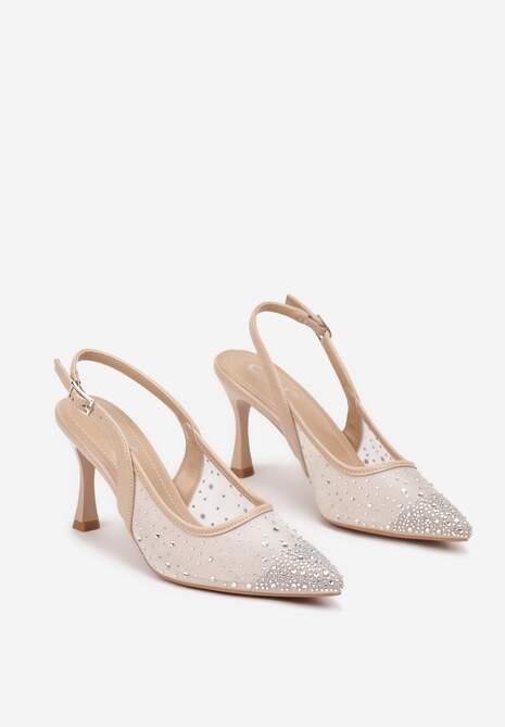 Beżowe Eleganckie Czółenka z Cyrkoniami i Klepsydrową Szpilką Renamia