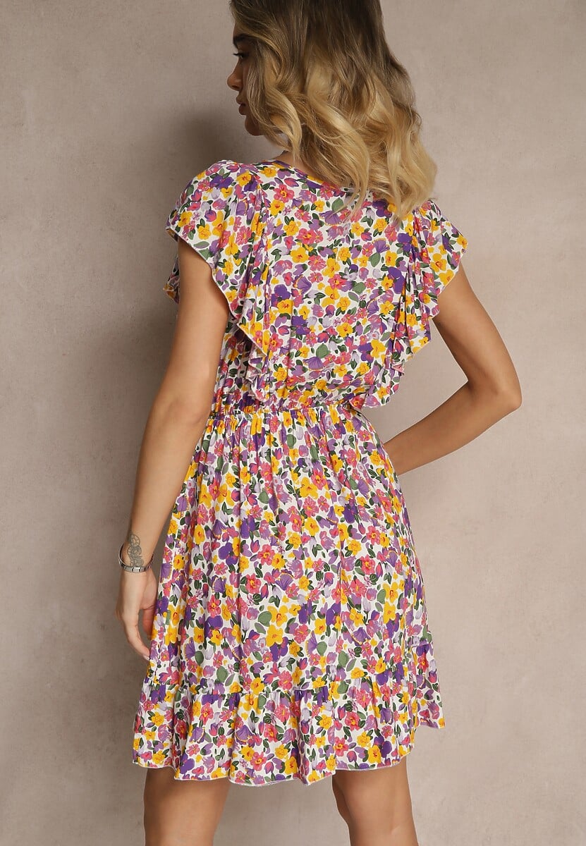 Fioletowa Sukienka Bawełniana o Rozkloszowanym Kroju w Kwiaty z Falbankami Virlio