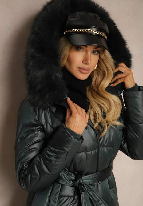 Ciemnozielona Długa Kurtka Pikowana z Odpinanym Kołnierzem i Paskiem Rinarella