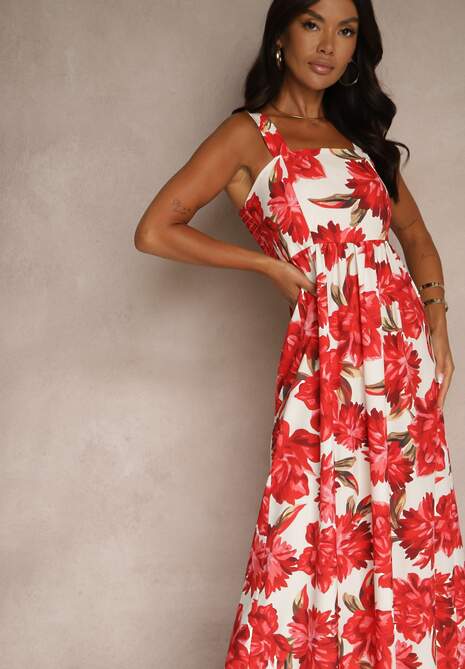 Czerwona Sukienka z Wiskozą o Rozkloszowanym Kroju z Kwiatami Nilestra