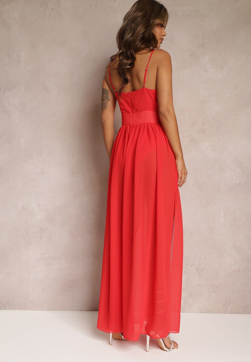 Czerwona Rozkloszowana Sukienka Maxi z Gumką w Pasie i Majtkami Medane