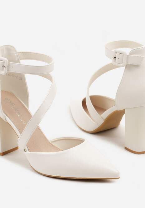 Białe Czółenka na Słupku z Wkładką ze Skóry Naturalnej Ozdobione Paskami Sopelina