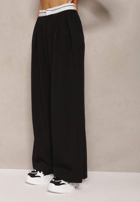 Czarne Spodnie z Wiskozy Palazzo High Waist Zapinane na Suwak Nellieva