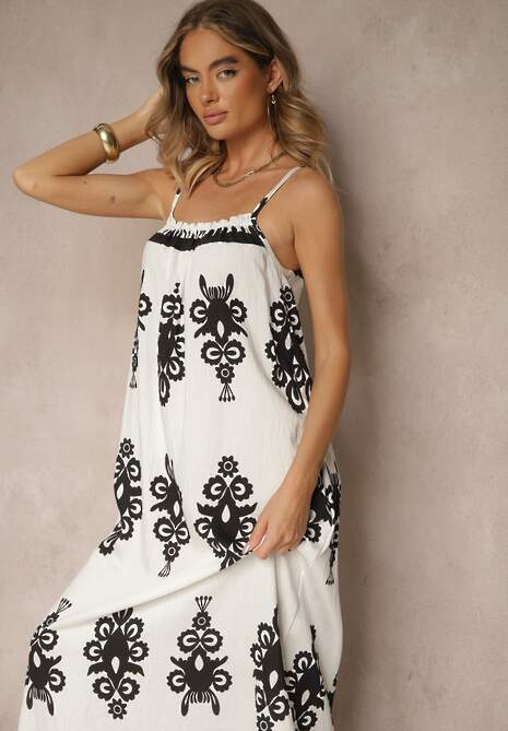 Biała Rozkloszowana Sukienka na Ramiączkach w Ornamentalny Print Reveleine