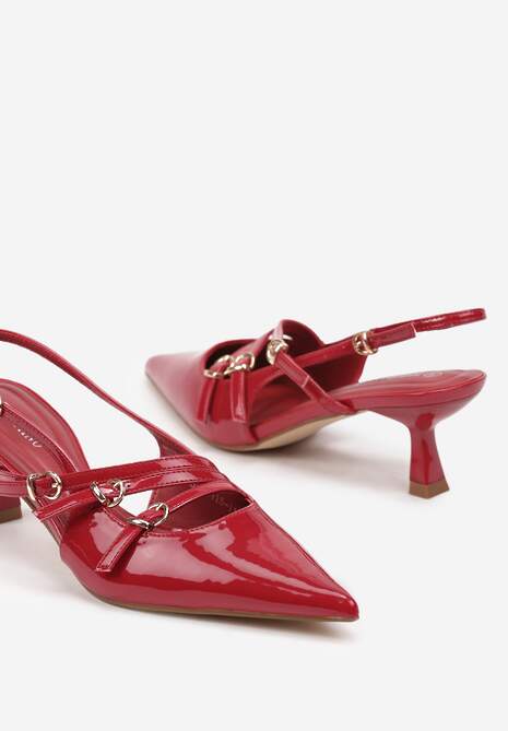 Bordowe Czółenka Lakierowane Kaczuszki Bez Pięty Ozdobione Paskami ze Sprzączkami Arforia